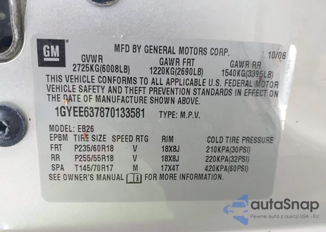 2007 Cadillac Srx V6 z USA, uszkodzony, nr VIN 1GYEE637870133581